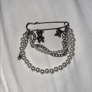 Pearl & Silver Chain Safety Pin Brooch